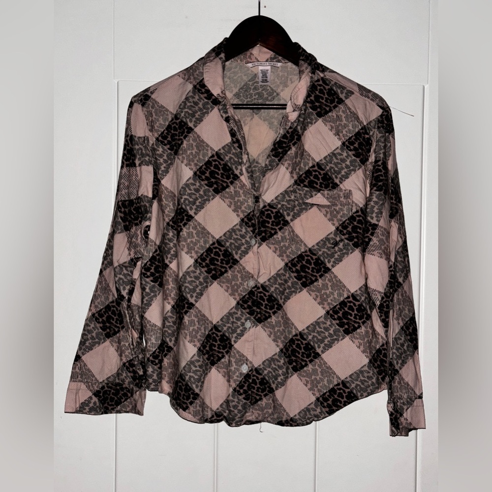 Victoria's Secret Women S Black Pink Plaid Animal Flannel 2pcs Pajama Lounge - Picture 1 of 14